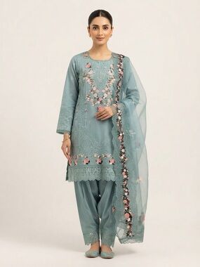 Embroidered Seafoam Green Women's Salwar Kameez and Duptta Lawn Set